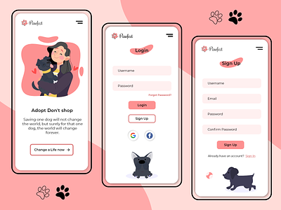Dog Adoption App adobexd dog adoption app dog app landing page login form mobile app mobile design signupform ui ux design
