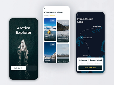 Arctica explorer mobile app UI design concept. Travel.