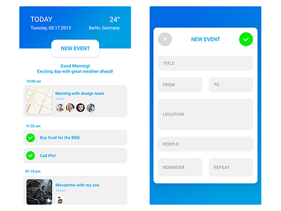 Calendar / Daytracker UI android blue calendar color design flat ios location material reminder ui white