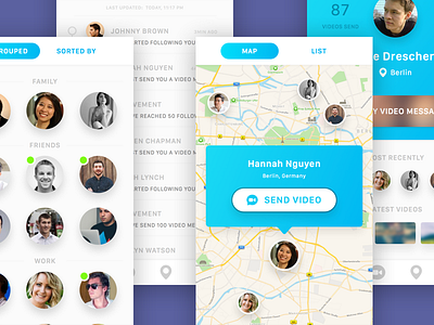 Video Message App android apple blue design ios location map message profile ui video white
