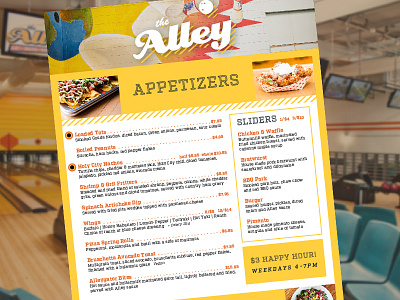 The Alley CHS Menu bowling charleston design food graphic design layout menu menu design yellow