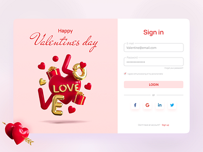 Happy valentine's day | Sign in form 3d 3d ui concept design desktop figma interface log in log out love registration form sing in sing up ui uidesign uxui valentine day webdesign website