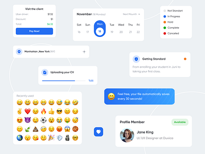 Task and Project Management Components blue calendar component daily task design emoji keyboard like card location minimal minimal design payment project manager task manager ui ui ux web web design