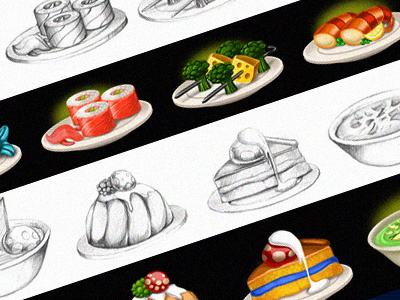 Food symbols cakes concept art dishes fishes food game art game design plates soups symbols
