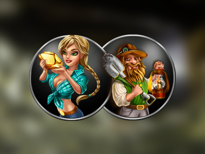 Gold Rush characters concept art game art game design girl gold graphic design icons man rush slot design