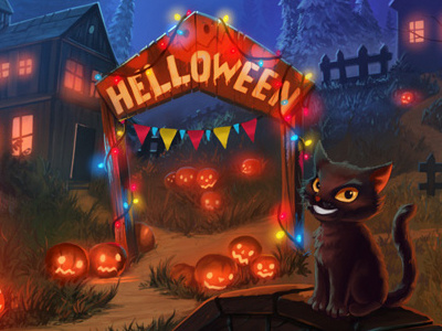 Halloween application cat game art game design graphic design halloween mobile night objects pumpkins scarecrow