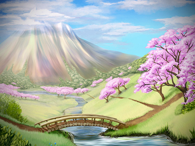 Oriental landscape application game art game design graphic design illustration landscape mobile mountains oriental river sakura