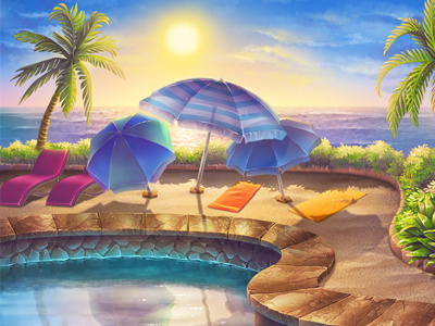 Swimming pool application dawn game art game design graphic design illustration lifebuoy mobile palms parasols swimming pool