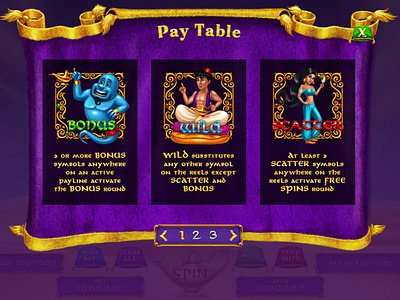 Paytable of the "Secrets of Agrabah" slot game game design illustration paytable paytable winnings slot design slot machine