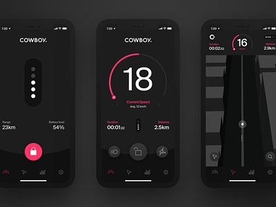 Cowboy App app bike dashboard electric ios map speedometer statistics stats walkthrough