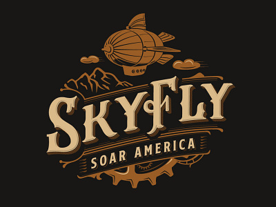 SkyFly airship blimp classic clouds entertainment fly flying gears logo design mountain retro steampunk typography victorian vintage wings