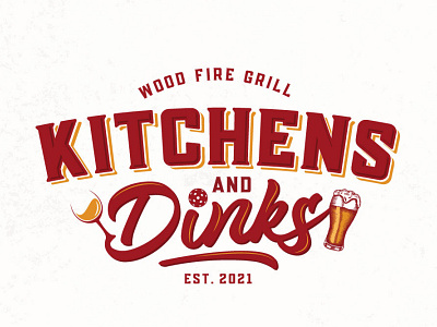 Kitchens and Dinks adobe illustrator beer classic draw food and drink grill kitchen logo design pickleball retro typography vintage wine woodfired