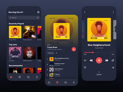 Music Player 999watt app design dark blue debut shot gradient graphic design iphone mobile design music player red ui ux