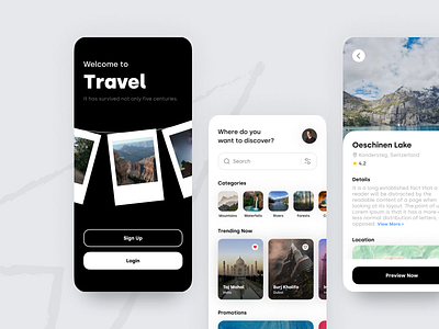 Travel App UI 999watt app design black button images places splash screen travel travelling ui ux white