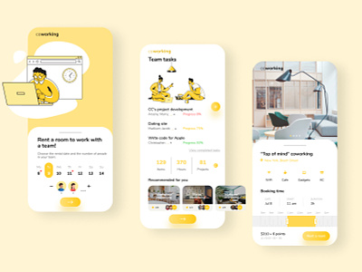 Mobile app coworking coworking design illustration mobile app mobile ui office rent a room uxui yellow