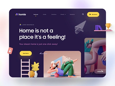 Home is like a feeling - Web design 2d 3d art app architecture cool dailyui design free home home page illustration minimal navy blue realestate ui ux vector webdesign website website concept