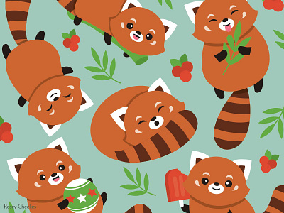 Red Pandas animal bamboo berries cute happy illustration red panda vector