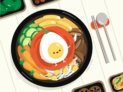 Dolsot Bibimbap colorful cute egg food illustration korean vector