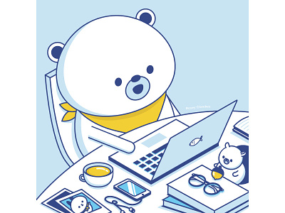 Mr Bear at Work bear blue character cute happy illustration minimalist squirrel vector