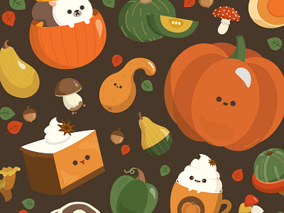 Pumpkins and Mushrooms art autumn character design cute design fall food illustration illustrator pattern vector