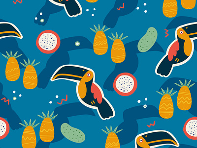 Toucans animal illustration nature procreate seamless pattern summer vibes textile design