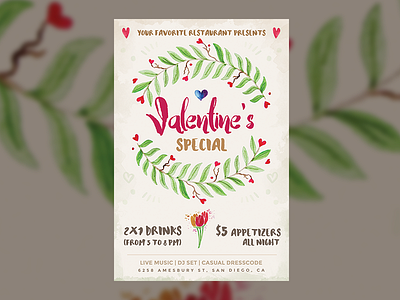 Valentine's Special — Restaurant Special Flyer flyer hand drawn hearts hipster leaves party restaurant special sweet valentines watercolor wreath
