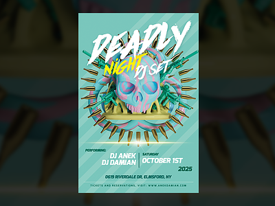 Deadly Night DJ Set — Party Flyer Template bottles electro event fest golden guns pastel colors skull tomorrowland