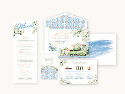 Lake Como Wedding Suite envelope liner illustration pattern procreate typography watercolor wedding invite wedding menu wedding suite