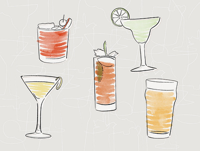 Spaghetti Situation Drink Illustrations alcohol beer cocktails hand drawn illustration margarita martinie old fashion pattern procreate