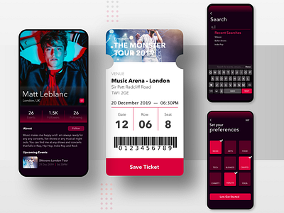 Vente - Discover events around you dark ui mobile app design ticket booking uidesign