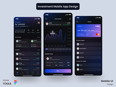 Investment Mobile App Design app branding clean design dark design figma illustration investment logo mobile ui stock trading ui user experience