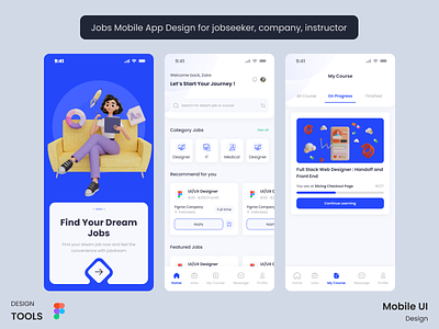 Jobs Mobile App Design animation app branding clean design design figma illustration instructor jobs app jobseeker logo mobile ui ui user experience