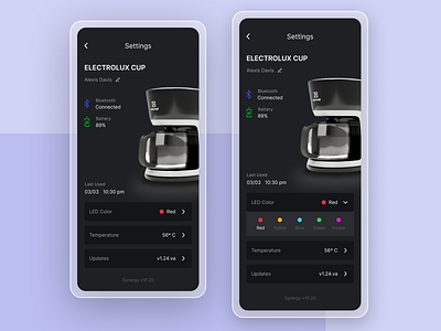 Electric Mug app UI app dark mode dark ui design electric smart cup ui