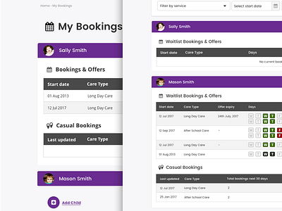 My Bookings UI bookings childcare dashboard panels parent portal software design ui user experience design ux designer