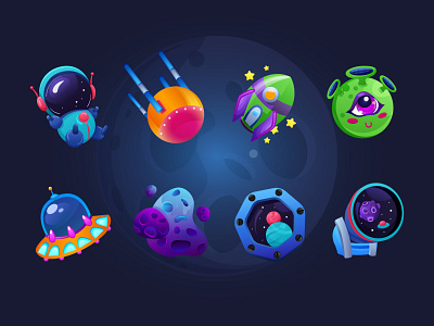 Space themed icons design elements game game desing graphic design icons illustration interface set space vector