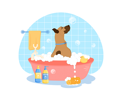 Dog character takes a bubble bath by Lena Berezkina on Dribbble