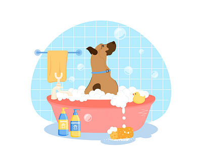 Dog character takes a bubble bath animal background cartoon character concept design dog flat graphic design grooming illustration pet promotion service vector wash
