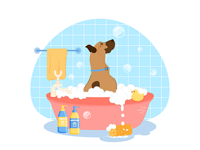 Dog character takes a bubble bath