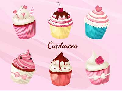 Sweet cupcakes artwork baked birthday cake calories candy cherry chocolate colorful cupcake dessert food illustration muffin pink sweet tasty vector