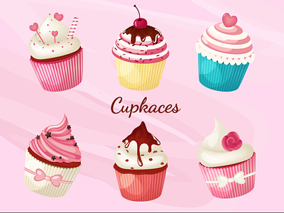Sweet cupcakes artwork baked birthday cake calories candy cherry chocolate colorful cupcake dessert food illustration muffin pink sweet tasty vector