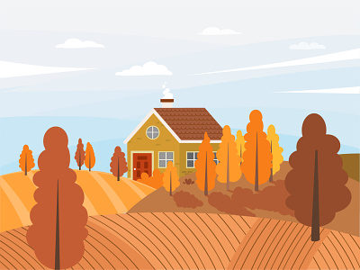 Autumn rural landscape agriculture autumn background country countryside flat hill house illustration landscape nature outdoor rural vector village