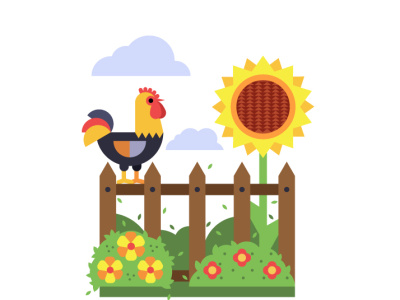 rooster beauty bushes farm fence flat flowers illustration morning nature rooster sunflower vector village