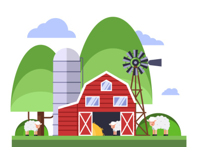 Farm barn farm flat hay illusration mill sheep tree vector