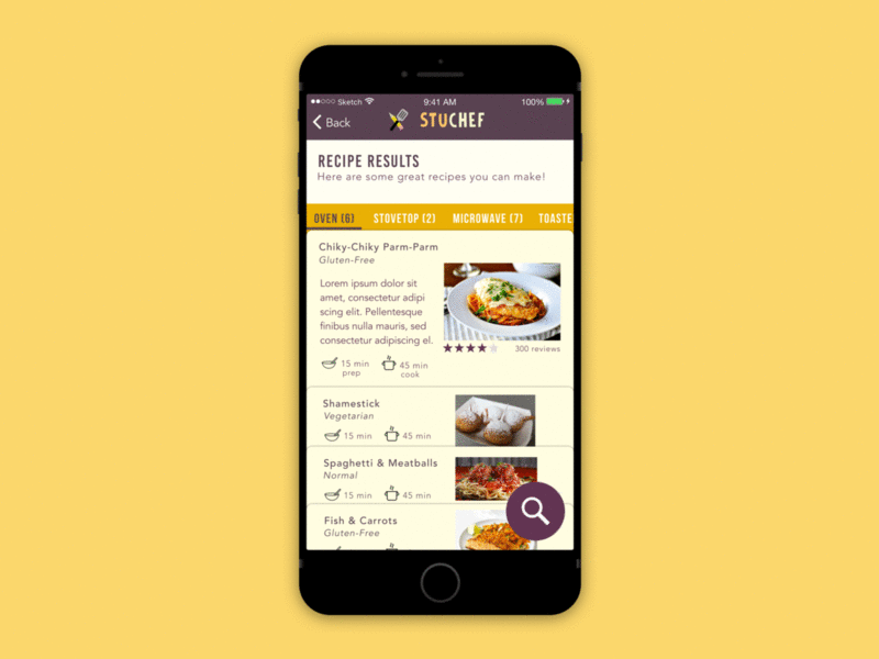 STUChef Results Screen app cooking food ios results search student