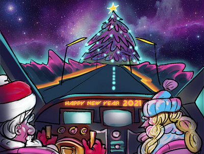 Road to the stars holiday illustration newyear space synthwave