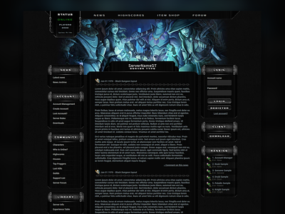 Black Dungeon theme layout for gaming / web template black blue design game gaming gloomy graphic design illustration layout logo metin2 mmo obscure rpg template tibia ui webdesignproject webdevelopment website