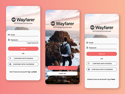 Wayfarer Travel App Log In/Sign Up app design design homepage log in mobile app sign up travel travel ui ui visual design
