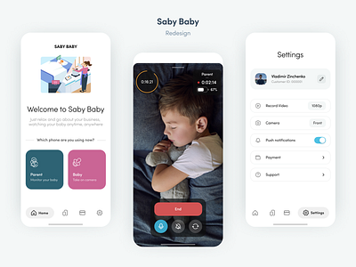Redesign Saby Baby - Monitor Your Baby app baby branding call design figma icon illustration logo minimal mobile payment profile settings subscription typography ui ux vector video