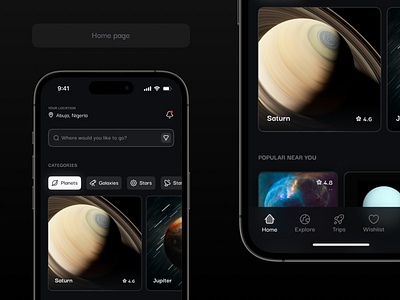 Space Travel App dark mode design minimal ui