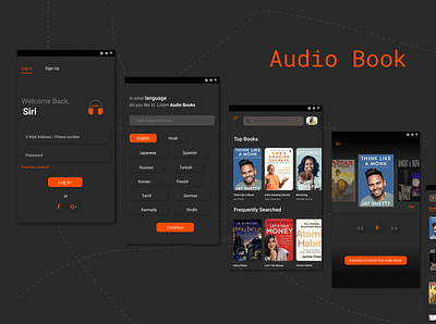 Audio Book audio audiobook books dark dark app dark mode dark theme dark ui home screen